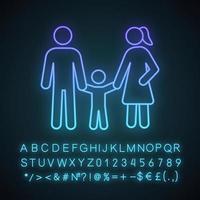 familie neonlicht icoon. vrouw, man en kind. positief ouderschap. kinderopvang. gelukkig ouderschap. vader, moeder en baby. gloeiend bord met alfabet, cijfers en symbolen. vector geïsoleerde illustratie