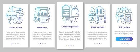 internetmarketing onboarding mobiele app paginascherm met lineaire concepten. advertentiecampagne walkthrough stappen afbeelding. digitale promotie. sm. ux, ui, gui vectorsjabloon met illustraties vector