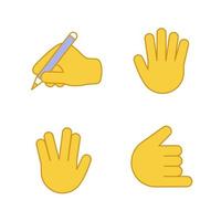 handgebaar emoji's kleur pictogrammen instellen. schrijvende hand, vulcan salute, high five, shaka, bel me gebaren. geïsoleerde vectorillustraties vector