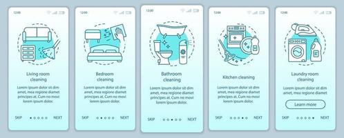 thuisreiniging onboarding mobiele app paginascherm, lineaire concepten. wasruimte, slaapkamer, keuken opruimen. vijf walkthrough stappen grafische instructies. ux, ui, gui vectorsjabloon met illustraties vector