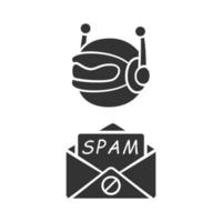 spambot glyph-pictogram. virus advertenties. spam-bot. kwaadaardige phishing-sites. spam reclame software verzenden. internet spammer. silhouet symbool. negatieve ruimte. vector geïsoleerde illustratie