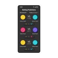 wedden prognose smartphone interface vector sjabloon. mobiele app pagina zwarte ontwerplay-out. het voorspellen van het winnaarscherm. platte ui voor toepassing. winnend team, punten verspreid telefoonweergave