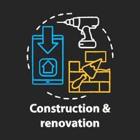 bouw en renovatie krijt concept icoon. residentiële reparatieservice, online bouwgereedschap winkelidee. boor, smartphone en plamuurmes met bakstenen vector geïsoleerde schoolbordillustratie