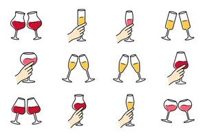 wijn service kleur pictogrammen instellen. rammelende glazen rode wijn en champagne. handen met wijnglazen. feest, feest. bruiloft. proeven, degustatie. geroosterd brood. geïsoleerde vectorillustraties vector