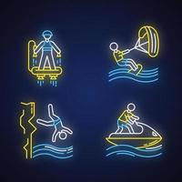 watersport neonlicht pictogrammen instellen. flyboarden, kiteboarden, klifduiken en jetskiën. extreme sporten. zomervakantie avontuur. gloeiende borden. geïsoleerde vectorillustraties vector