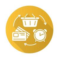 draaiend krediet geel plat ontwerp lange schaduw glyph pictogram. kredietlijnen voor consumenten. goederen kopen met geleend geld. begroting, economie. handel, detailhandel. vector silhouet illustratie