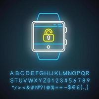 scherm ontgrendelen smartwatch-functie neonlichtpictogram. beveiliging en gemak apparaat functie. fitness polsbandje. gloeiend bord met alfabet, cijfers en symbolen. vector geïsoleerde illustratie