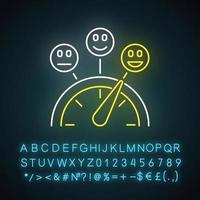 tevredenheidsniveau neonlichtpictogram. goede en slechte ervaring. emotie meter. positief negatief. schaal met emoticons. gloeiend bord met alfabet, cijfers en symbolen. vector geïsoleerde illustratie