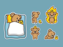 set schattige teddybeer en kuikens sticker vector