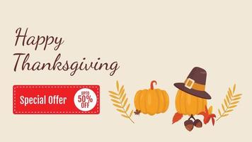 happy thanksgiving-banner met verkooplabel kan worden gebruikt voor posters, banners, flyers, uitnodigingen, websites of wenskaarten vector