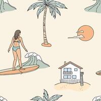 naadloos patroon met surfer meisje, palm bomen en strand huis. hand- getrokken illustratie. vector