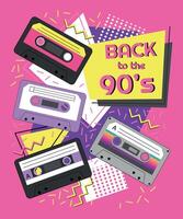 terug in de jaren 90. banier met retro muziek- cassettes. nostalgie van de jaren 90. uitnodiging naar een 90's disco. illustratie vector