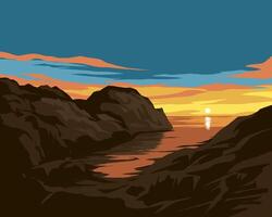 mooi rustig kust zonsondergang landschap met heuvel en rotsen vector