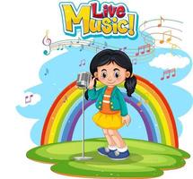 live muzieklogo met een meisje dat zingt op een regenboogachtergrond vector