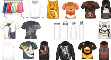 set van verschillende shirts en accessoires met dierenpatronen vector