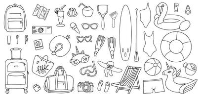 hand- getrokken reeks van zomer vakantie elementen, bagage, badmode en strand accessoires. reizen element getrokken in tekening stijl. illustratie voor banier, achtergrond, insigne, logo ontwerp. vector