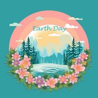 aarde dag illustratie met voorjaar bloem Aan blauw achtergrond. ansichtkaart ontwerp. vector