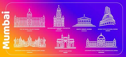 Mumbai monumenten gebouw illustratie reeks van pictogrammen. vector