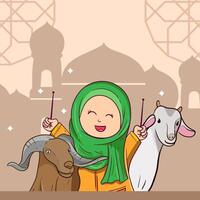 eid al adha groet kaart. tekenfilm moslim familie vieren eid al adha met geiten, sterren en moskee net zo achtergrond vector