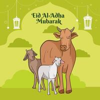 eid al adha mubarak groet kaart met koe, geit en lam poster banier illustratie grafisch ontwerp. de beeld is van een gelukkig eid al-adha viering vector