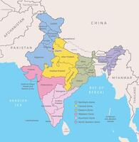 Indië gedetailleerd kaart. zones en staat, natie grens met naburig landen vector