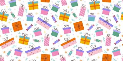 cadeaus naadloos patroon. kleurrijk Cadeau dozen, snoepjes, decoratief omhulsel papier, verjaardag partij achtergrond vector