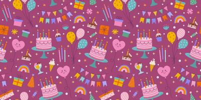 verjaardag naadloos patroon. verschillend partij voorwerpen, kleurrijk vakantie artikelen, geschenk, taart, ballon en slingers vector