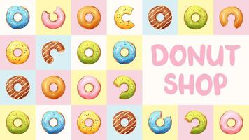 naadloos tegel patroon, schaakbord met donuts en donut winkel belettering. patroon in pastel delicaat kleuren, kauwgom vector