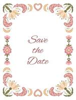 bruiloft symmetrie uitnodiging in vlak bloemen volk stijl en gedempt kleuren. botanisch illustratie met veren voor verloving groet kaart geïsoleerd Aan wit achtergrond vector