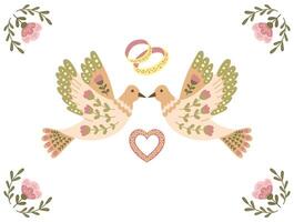 wijnoogst bruiloft uitnodiging of horizontaal banier in bloemen volk stijl met vogels, ringen en hart in gedempt kleuren. botanisch illustratie voor bruiloft of verloving uitnodiging Aan wit achtergrond vector