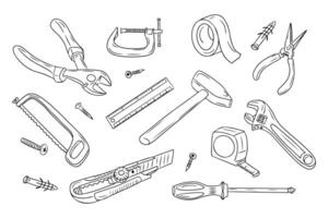 tekening reeks van contour tekeningen van gereedschap voor repareren of loodgieter. zwart hand- getrokken schets vaag tekeningen geïsoleerd Aan wit achtergrond. ideaal voor kleur Pagina's, tatoeëren vector