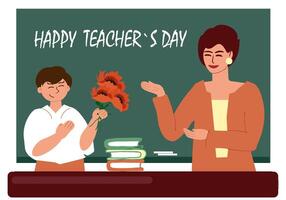 leraar dag. een schooljongen feliciteert en geeft een boeket van bloemen naar de leraar Bij de schoolbord en tafel met boeken. gelukkig leraar dag is geschreven in krijt Aan de schoolbord. vector