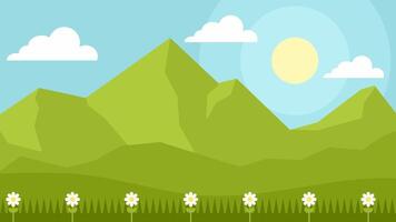vlak landschap illustratie van groen berg met bloem in zonnig dag vector