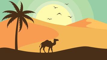 vlak landschap illustratie van kameel silhouet in de zand woestijn vector