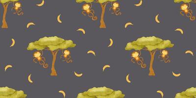 schattig apen hangende Aan boom. kinderachtig achtergrond van Afrikaanse oerwoud dier. afdrukken met makaken en bananen. waterverf naadloos patroon voor ontwerp kinderen goederen, kaarten, ansichtkaarten, kleding stof, plakboek vector