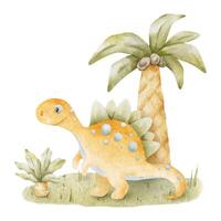 oranje dinosaurus en palmen in weide. geïsoleerd hand- getrokken waterverf illustratie van dino. clip art van centrosaurus voor kinderen uitnodiging kaarten, baby douche, decoratie van kinderen kamers, kleren. vector