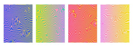 iriserend helling vloeibaar maken achtergronden. modern abstract marmeren affiches. hypnotiserend golvend lijnen. psychedelisch acryl textuur. hippie groovy wervelingen, spiralen. banier, aanplakbiljet sjabloon. vector