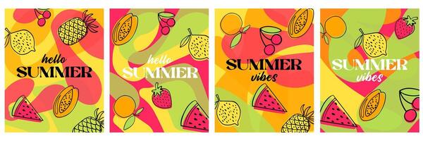 Hallo zomer, zomer gevoel kleurrijk banier ontwerp. creatief concept voor een reeks van zomer helder en sappig kaarten. vector