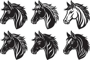 paard hoofd reeks - zwart en wit illustraties. geïsoleerd Aan wit achtergrond. vector