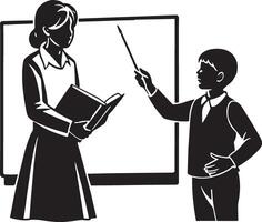 zwart en wit illustratie van een leraar uitleggen een les naar een leerling vector