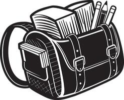 school- zak met boeken en potloden. zwart en wit illustratie. vector