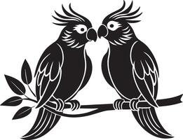 twee papegaaien zittend Aan een tak, zwart en wit illustratie vector