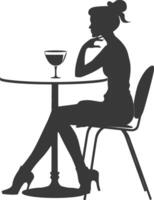 silhouet vrouw zittend Bij een tafel in de cafe bar restaurant zwart kleur enkel en alleen vector