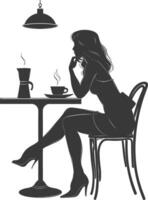 silhouet vrouw zittend Bij een tafel in de cafe bar restaurant zwart kleur enkel en alleen vector