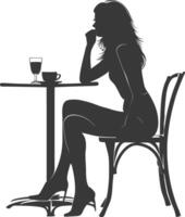 silhouet vrouw zittend Bij een tafel in de cafe bar restaurant zwart kleur enkel en alleen vector