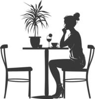 silhouet vrouw zittend Bij een tafel in de cafe bar restaurant zwart kleur enkel en alleen vector