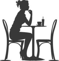 silhouet vrouw zittend Bij een tafel in de cafe bar restaurant zwart kleur enkel en alleen vector