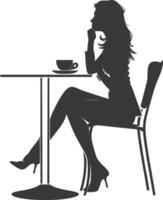 silhouet vrouw zittend Bij een tafel in de cafe bar restaurant zwart kleur enkel en alleen vector