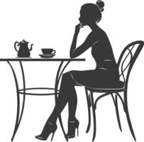 silhouet vrouw zittend Bij een tafel in de cafe bar restaurant zwart kleur enkel en alleen vector