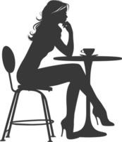 silhouet vrouw zittend Bij een tafel in de cafe bar restaurant zwart kleur enkel en alleen vector